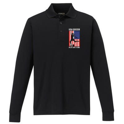 Funny Soccer Usa Soccer Play Like A Girl Performance Long Sleeve Polo