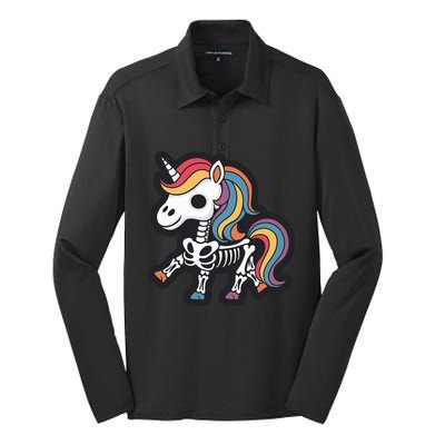 Funny Skeleton Unicorn Lovers Spooky Halloween Costume Silk Touch Performance Long Sleeve Polo