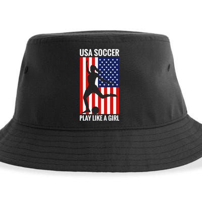 Funny Soccer Usa Soccer Play Like A Girl Sustainable Bucket Hat