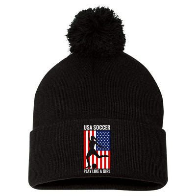 Funny Soccer Usa Soccer Play Like A Girl Pom Pom 12in Knit Beanie