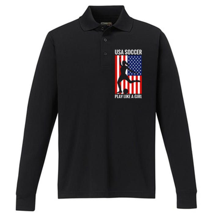 Funny Soccer Usa Soccer Play Like A Girl Performance Long Sleeve Polo