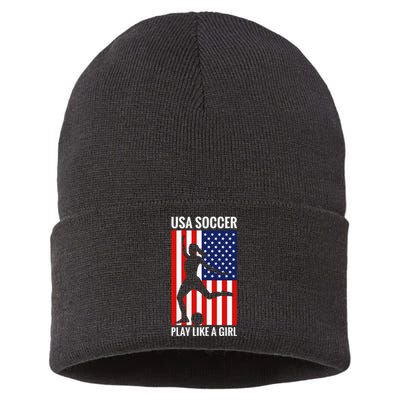 Funny Soccer Usa Soccer Play Like A Girl Sustainable Knit Beanie