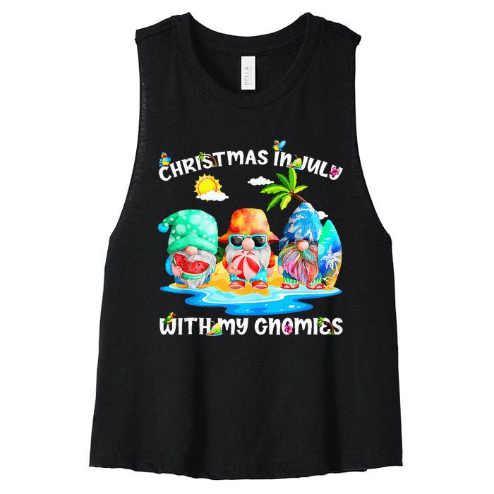 Funny Summer Vacation Gnomies Gnomes For Christmas In July Tank Top Women's Racerback Cropped Tank