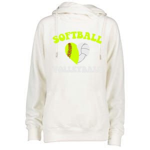 Funny Softball Volleyball Heart Groovy Softball Lover Cool Gift Womens Funnel Neck Pullover Hood