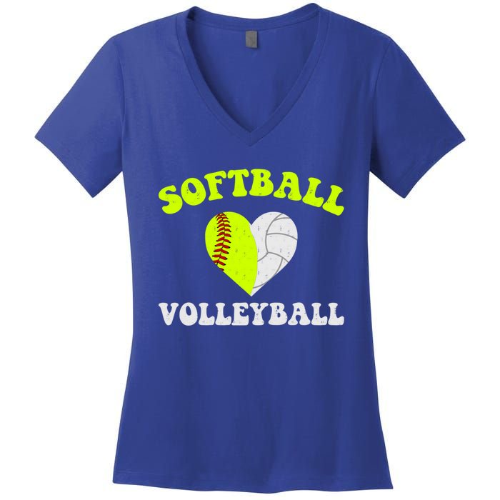 Funny Softball Volleyball Heart Groovy Softball Lover Cool Gift Women's V-Neck T-Shirt