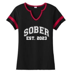 Funny Sober Varsity Est. 2023 Sobriety Celebrate Recovery Ladies Halftime Notch Neck Tee