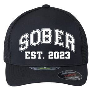 Funny Sober Varsity Est. 2023 Sobriety Celebrate Recovery Flexfit Unipanel Trucker Cap