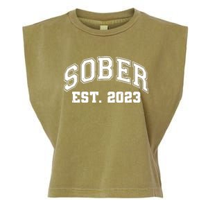 Funny Sober Varsity Est. 2023 Sobriety Celebrate Recovery Garment-Dyed Women's Muscle Tee