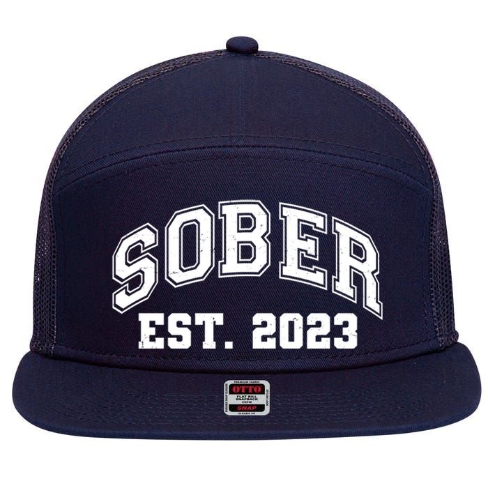 Funny Sober Varsity Est. 2023 Sobriety Celebrate Recovery 7 Panel Mesh Trucker Snapback Hat