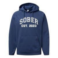 Funny Sober Varsity Est. 2023 Sobriety Celebrate Recovery Performance Fleece Hoodie