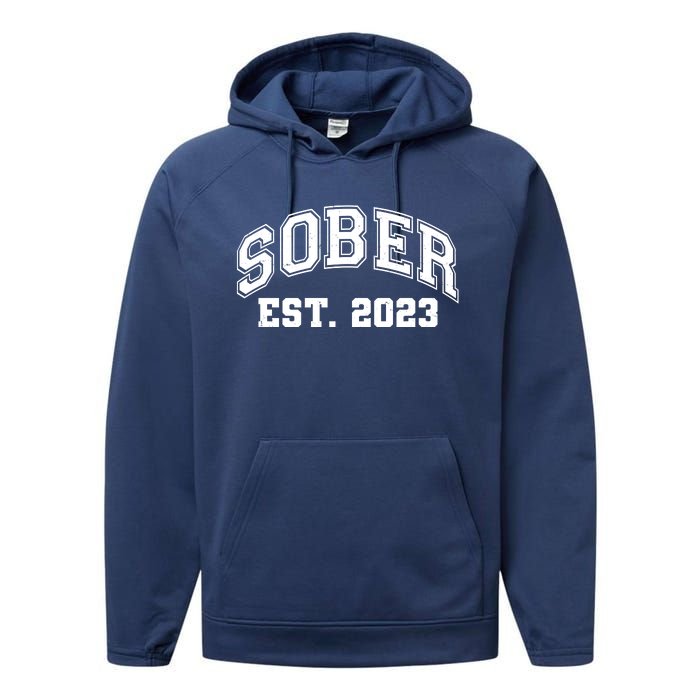 Funny Sober Varsity Est. 2023 Sobriety Celebrate Recovery Performance Fleece Hoodie