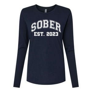 Funny Sober Varsity Est. 2023 Sobriety Celebrate Recovery Womens Cotton Relaxed Long Sleeve T-Shirt