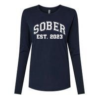 Funny Sober Varsity Est. 2023 Sobriety Celebrate Recovery Womens Cotton Relaxed Long Sleeve T-Shirt