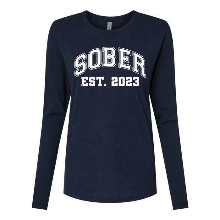 Funny Sober Varsity Est. 2023 Sobriety Celebrate Recovery Womens Cotton Relaxed Long Sleeve T-Shirt