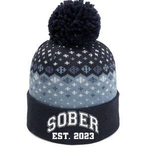 Funny Sober Varsity Est. 2023 Sobriety Celebrate Recovery The Baniff Cuffed Pom Beanie