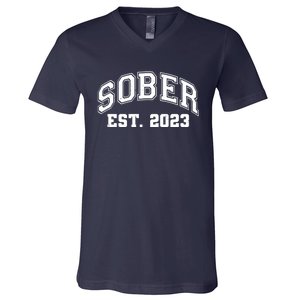 Funny Sober Varsity Est. 2023 Sobriety Celebrate Recovery V-Neck T-Shirt