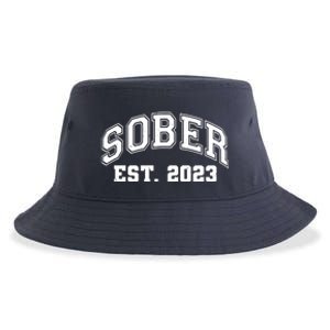 Funny Sober Varsity Est. 2023 Sobriety Celebrate Recovery Sustainable Bucket Hat