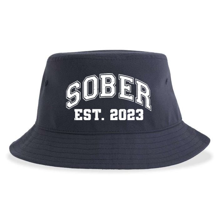 Funny Sober Varsity Est. 2023 Sobriety Celebrate Recovery Sustainable Bucket Hat