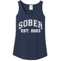 Funny Sober Varsity Est. 2023 Sobriety Celebrate Recovery Ladies Essential Tank