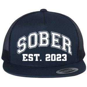 Funny Sober Varsity Est. 2023 Sobriety Celebrate Recovery Flat Bill Trucker Hat