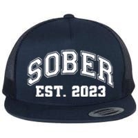 Funny Sober Varsity Est. 2023 Sobriety Celebrate Recovery Flat Bill Trucker Hat