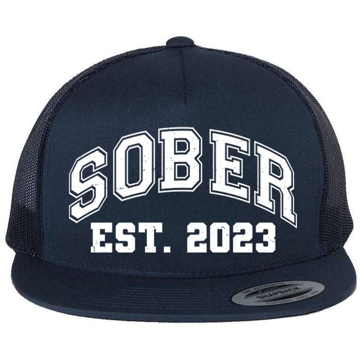 Funny Sober Varsity Est. 2023 Sobriety Celebrate Recovery Flat Bill Trucker Hat