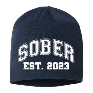 Funny Sober Varsity Est. 2023 Sobriety Celebrate Recovery Sustainable Beanie