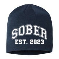 Funny Sober Varsity Est. 2023 Sobriety Celebrate Recovery Sustainable Beanie