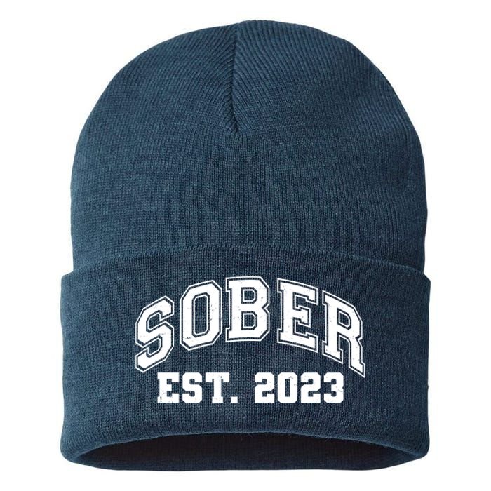 Funny Sober Varsity Est. 2023 Sobriety Celebrate Recovery Sustainable Knit Beanie