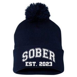 Funny Sober Varsity Est. 2023 Sobriety Celebrate Recovery Pom Pom 12in Knit Beanie