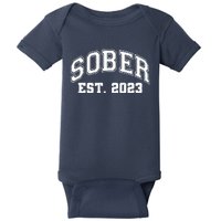 Funny Sober Varsity Est. 2023 Sobriety Celebrate Recovery Baby Bodysuit