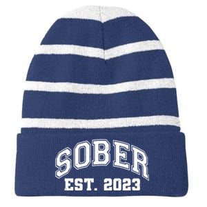 Funny Sober Varsity Est. 2023 Sobriety Celebrate Recovery Striped Beanie with Solid Band