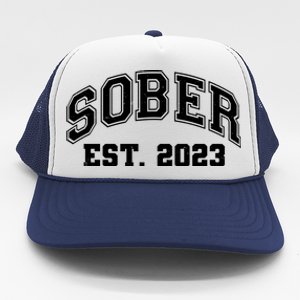 Funny Sober Varsity Est. 2023 Sobriety Celebrate Recovery Trucker Hat