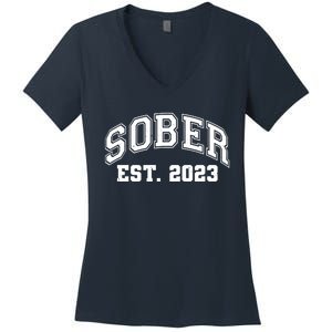 Funny Sober Varsity Est. 2023 Sobriety Celebrate Recovery Women's V-Neck T-Shirt