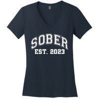 Funny Sober Varsity Est. 2023 Sobriety Celebrate Recovery Women's V-Neck T-Shirt