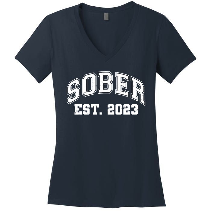 Funny Sober Varsity Est. 2023 Sobriety Celebrate Recovery Women's V-Neck T-Shirt