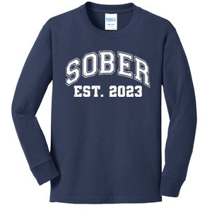 Funny Sober Varsity Est. 2023 Sobriety Celebrate Recovery Kids Long Sleeve Shirt