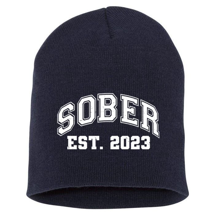 Funny Sober Varsity Est. 2023 Sobriety Celebrate Recovery Short Acrylic Beanie