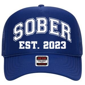 Funny Sober Varsity Est. 2023 Sobriety Celebrate Recovery High Crown Mesh Back Trucker Hat