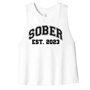 Funny Sober Varsity Est. 2023 Sobriety Celebrate Recovery Women's Racerback Cropped Tank