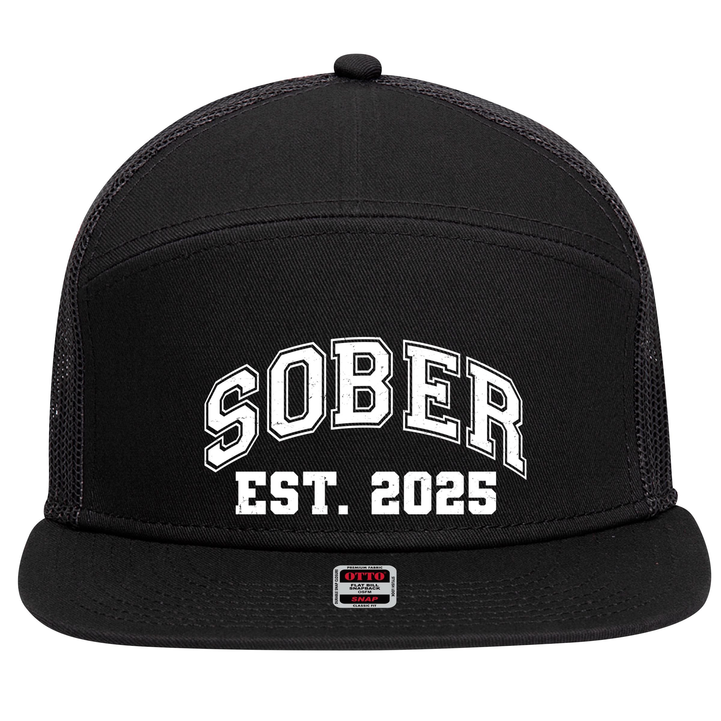Funny Sober Varsity Est. 2025 Sobriety Celebrate Recovery 7 Panel Mesh Trucker Snapback Hat
