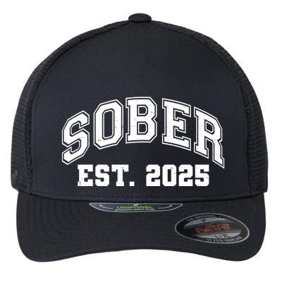 Funny Sober Varsity Est. 2025 Sobriety Celebrate Recovery Flexfit Unipanel Trucker Cap