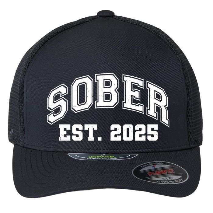 Funny Sober Varsity Est. 2025 Sobriety Celebrate Recovery Flexfit Unipanel Trucker Cap