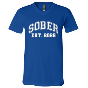 Funny Sober Varsity Est. 2025 Sobriety Celebrate Recovery V-Neck T-Shirt