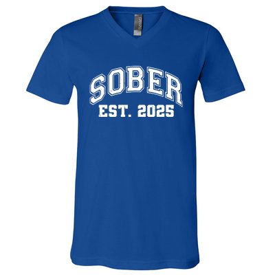 Funny Sober Varsity Est. 2025 Sobriety Celebrate Recovery V-Neck T-Shirt