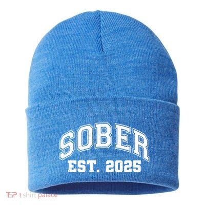 Funny Sober Varsity Est. 2025 Sobriety Celebrate Recovery Sustainable Knit Beanie