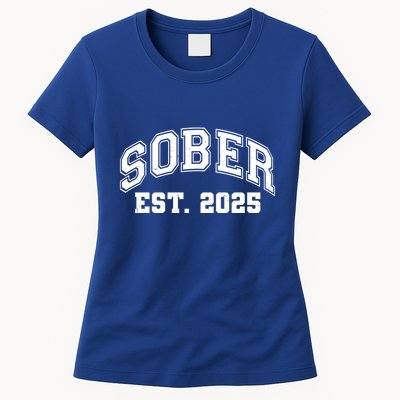 Funny Sober Varsity Est. 2025 Sobriety Celebrate Recovery Womens T-Shirt