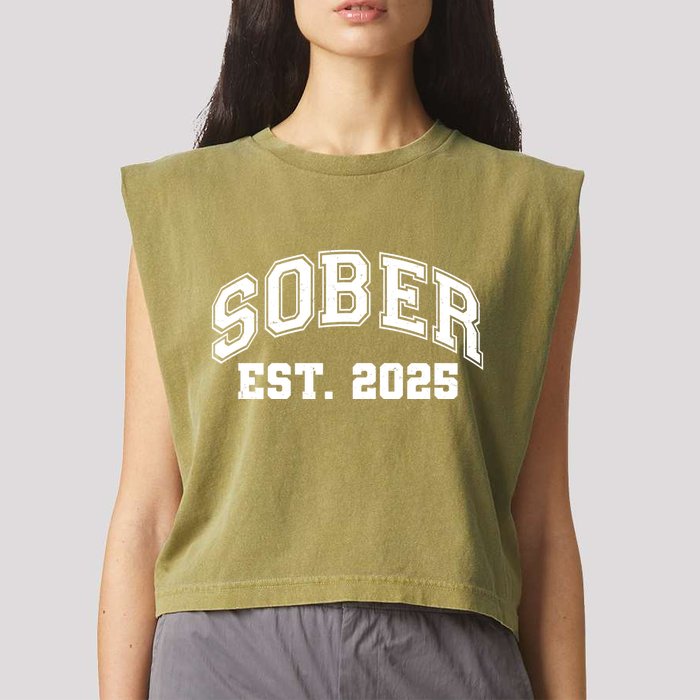 Funny Sober Varsity Est. 2025 Sobriety Celebrate Recovery Garment-Dyed Women's Muscle Tee