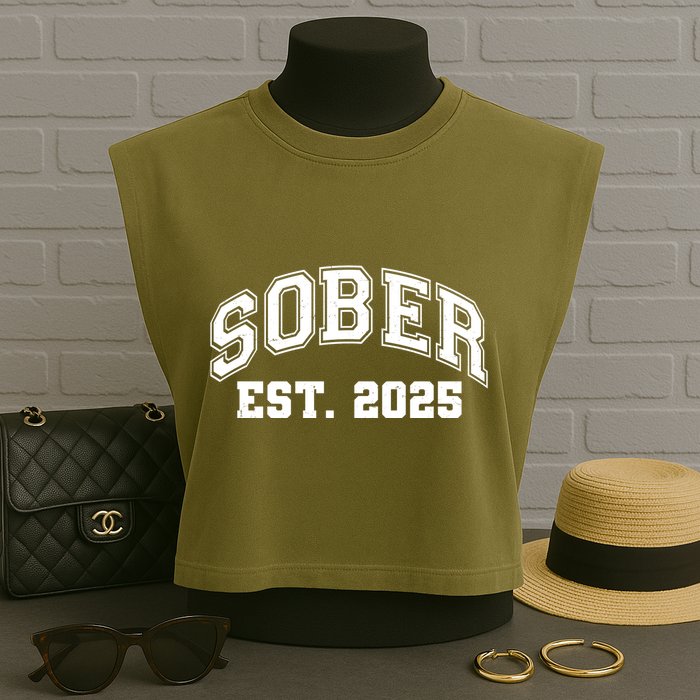 Funny Sober Varsity Est. 2025 Sobriety Celebrate Recovery Garment-Dyed Women's Muscle Tee