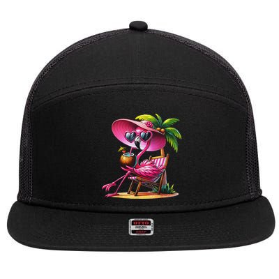 Flamingo Summer Vibes Beach Palm Tree Summer Vacation 7 Panel Mesh Trucker Snapback Hat